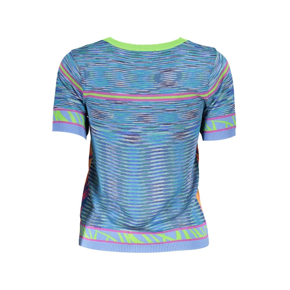 Desigual blue cotton T-shirt showing a casual fit with colorful, artistic design on the front, made from soft cotton fabric.