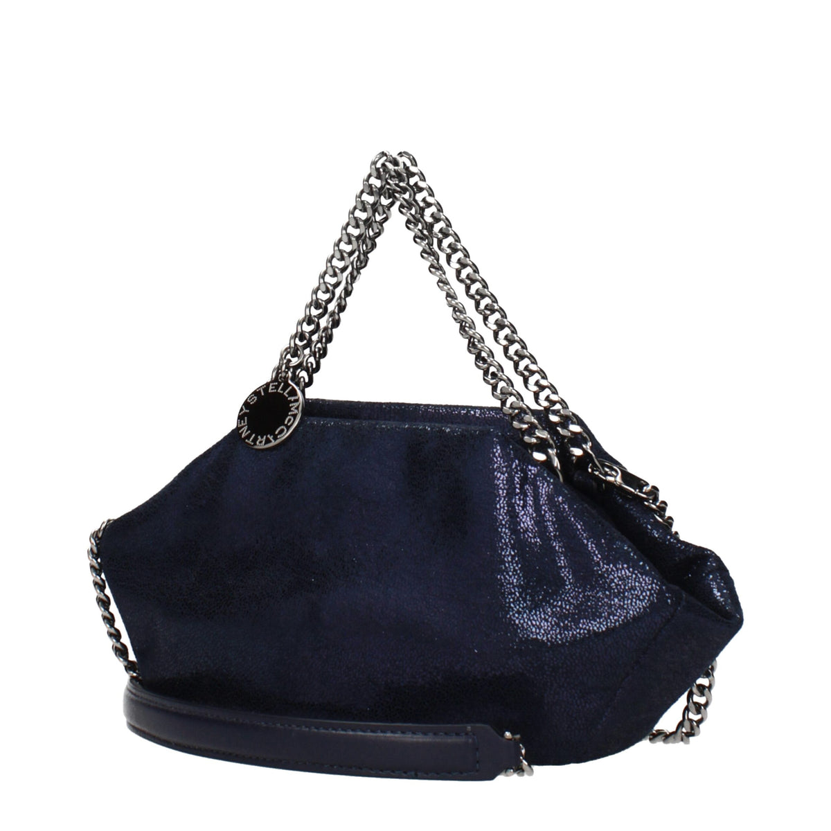 Stella McCartney blue leather handbag with sleek design and minimalist style, featuring top handles and subtle branding.