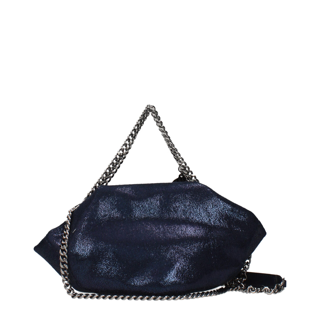 Blue leather handbag by Stella McCartney with sleek design and top handle, featuring subtle branding and minimalist style.