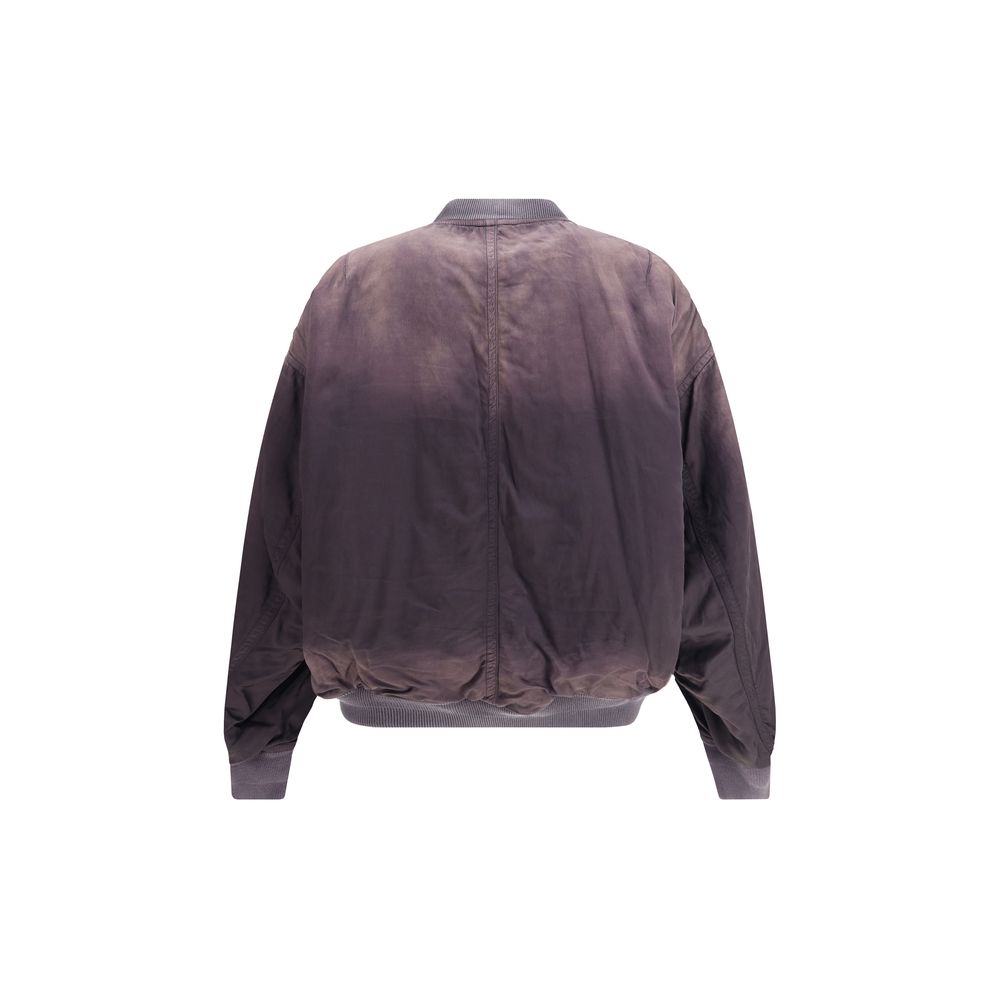 Maison Mihara Yasuhiro black rayon bomber jacket displayed on a hanger with detailed stitching and a ribbed collar.