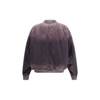 Maison Mihara Yasuhiro black rayon bomber jacket displayed on a hanger with detailed stitching and a ribbed collar.