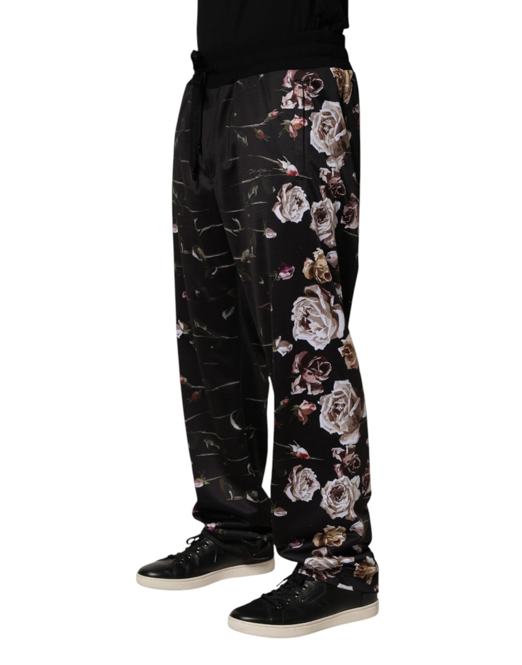 Black floral straight-leg chino trousers by Dolce & Gabbana, featuring a tailored fit and floral pattern detail.
