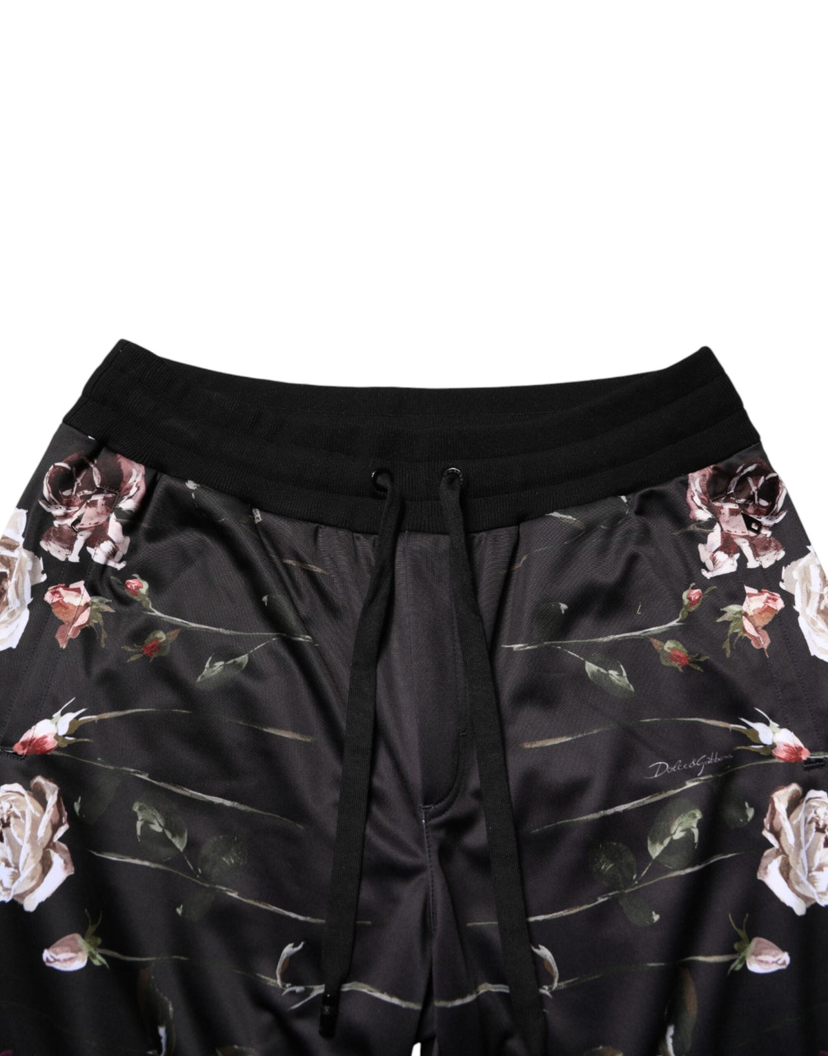 Black floral straight-leg chino trousers by Dolce & Gabbana, featuring a tailored fit and floral pattern design.