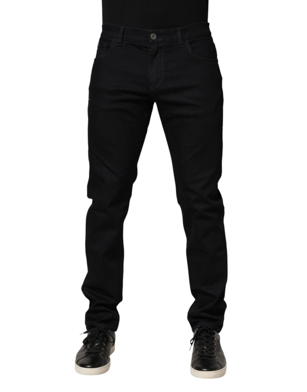 Black floral cotton skinny men's denim jeans by Dolce & Gabbana with detailed floral print and classic five-pocket design.