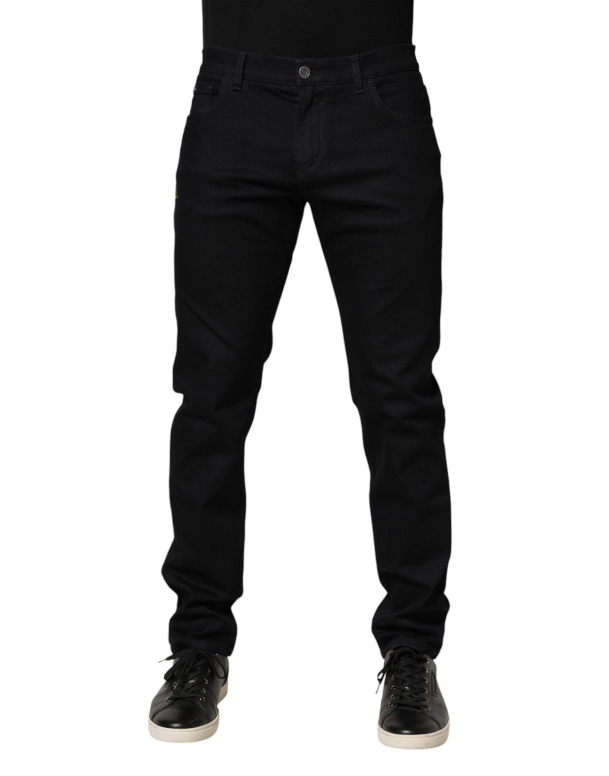 Black floral cotton skinny men's denim jeans by Dolce & Gabbana with detailed floral print and classic five-pocket design.