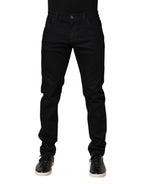 Black floral cotton denim jeans for men by Dolce & Gabbana, featuring a slim fit design and floral print detail.