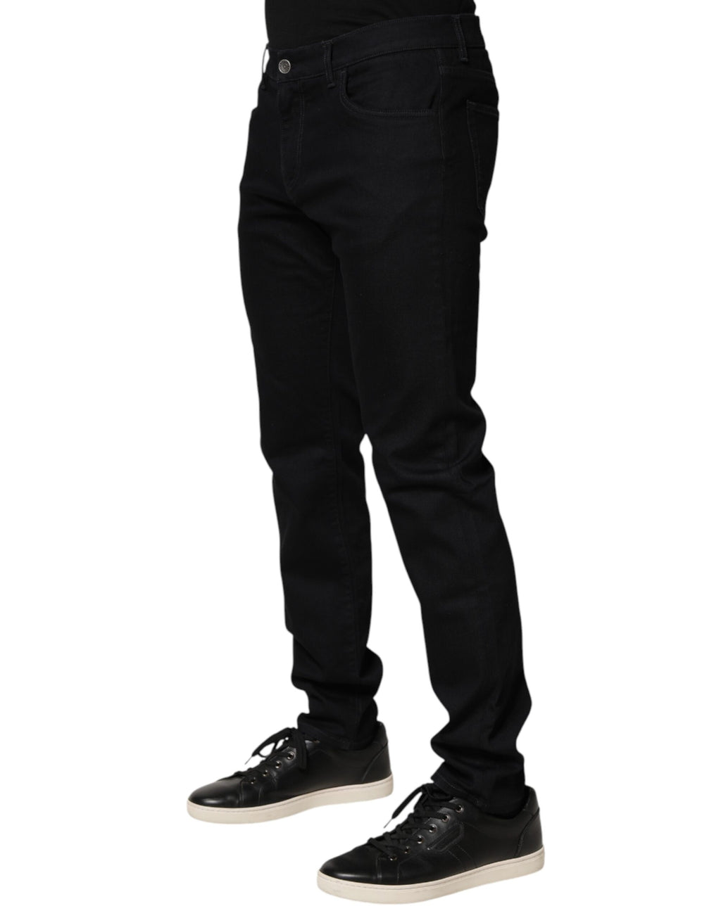 Black floral cotton denim skinny jeans for men by Dolce & Gabbana, featuring a fitted style and floral pattern.