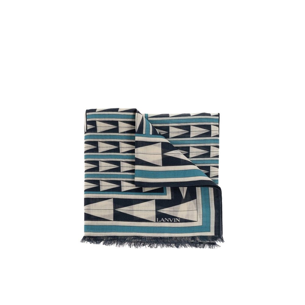 Lanvin blue wool scarf draped over a surface, showcasing soft texture and elegant design in a close-up shot.