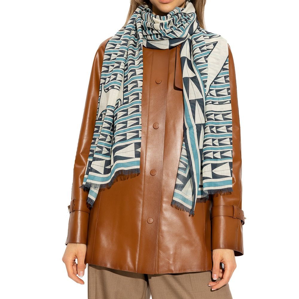 Lanvin blue wool scarf draped over a neutral background, showcasing soft texture and elegant design.