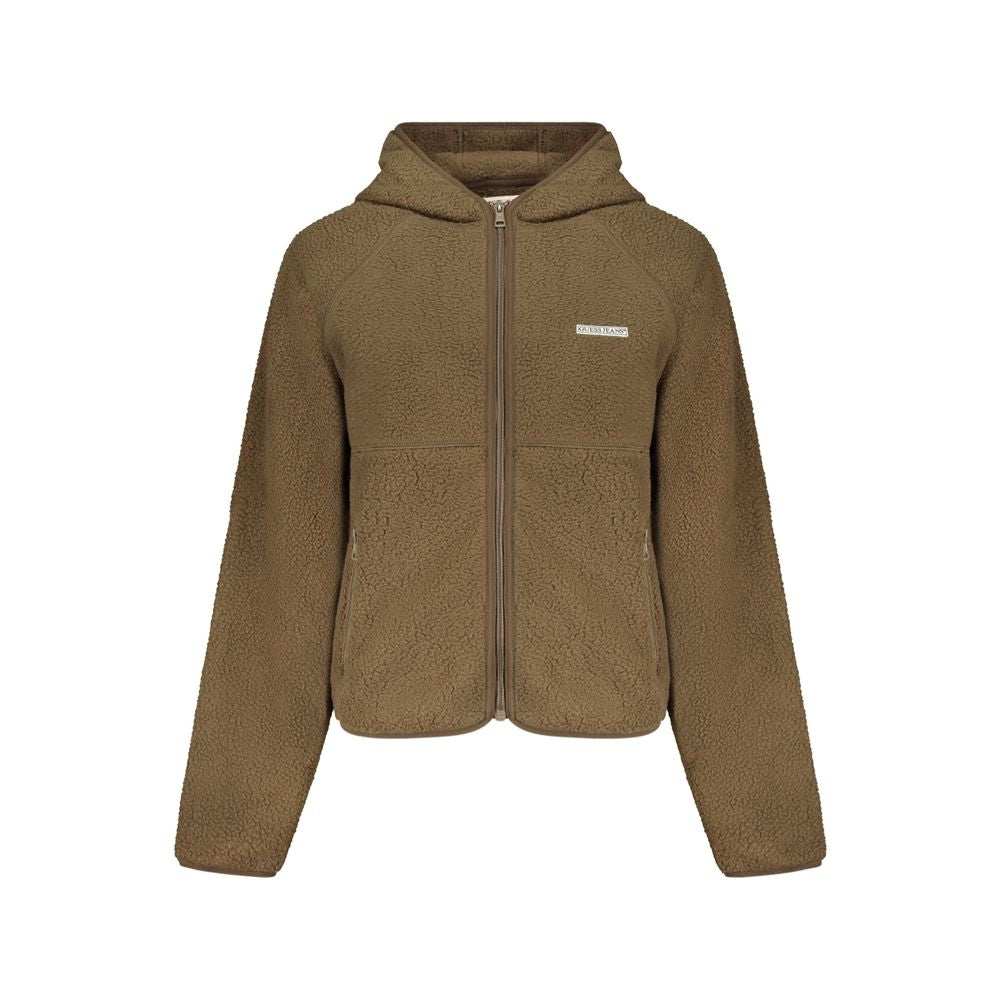 Brown Guess Jeans polyester women's sweatshirt with a relaxed fit and casual style, shown on a model.