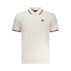 North Sails Bianco Cotton Men’s Polo shirt displayed on a hanger, featuring a classic collar and button placket in white cotton.