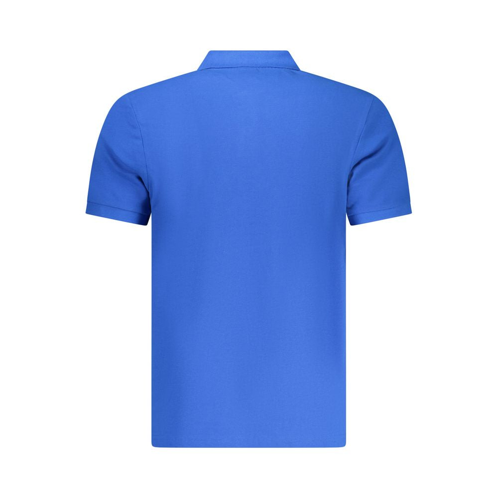 North Sails blue cotton men's polo shirt displayed on a hanger, showcasing classic collar and short sleeves.