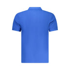 North Sails blue cotton men's polo shirt displayed on a hanger, showcasing classic collar and short sleeves.