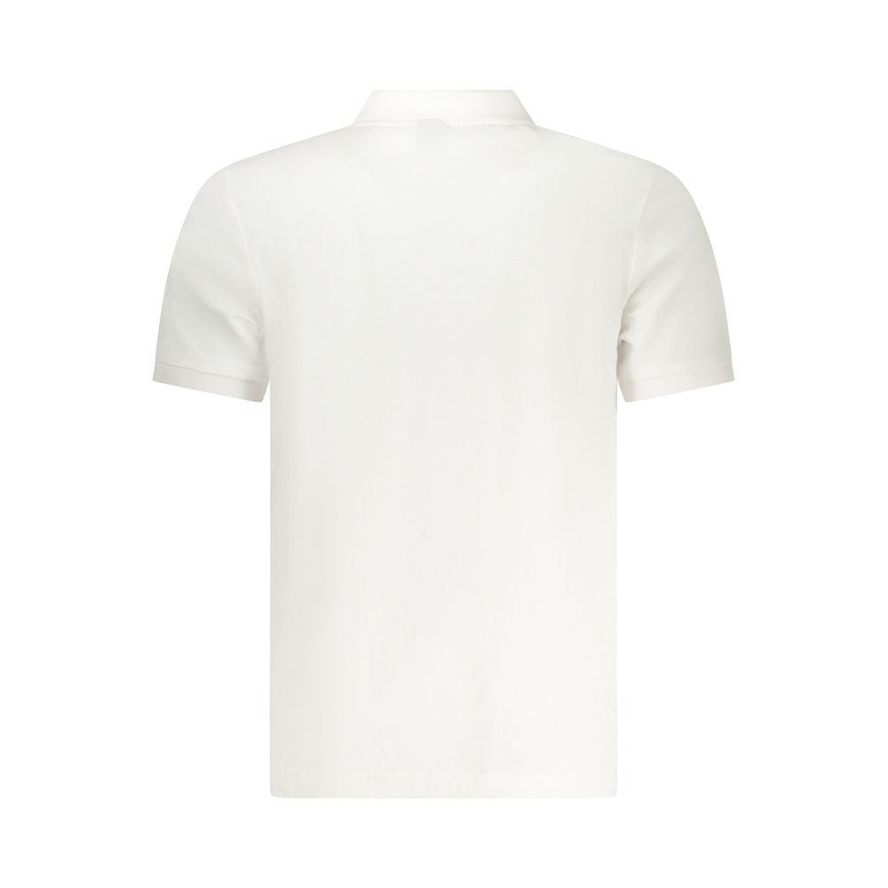 White cotton men's polo shirt by North Sails displayed on a hanger, showcasing classic collar and short sleeves.