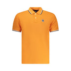 North Sails Arancione cotton men's polo shirt displayed on a hanger, showcasing the vibrant orange color and classic design.