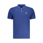 Men's North Sails Blu Cotton Polo shirt displayed on a hanger, featuring a classic collar and short sleeves.