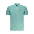 North Sails Azzurro cotton men's polo shirt displayed on a hanger, featuring a classic collar and short sleeves in light blue.