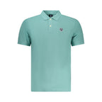 North Sails Azzurro cotton men's polo shirt displayed on a hanger, featuring a classic collar and short sleeves in light blue.
