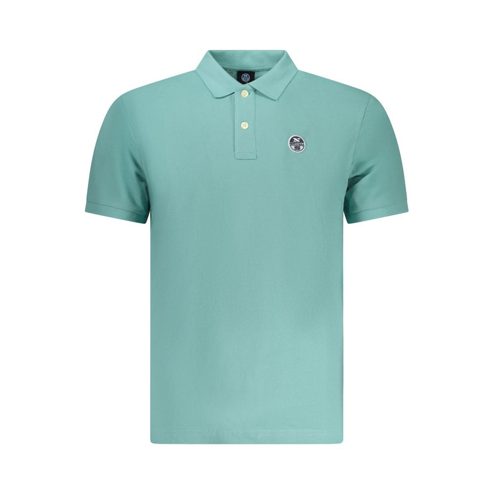 North Sails Azzurro cotton men's polo shirt displayed on a hanger, featuring a classic collar and short sleeves in light blue.