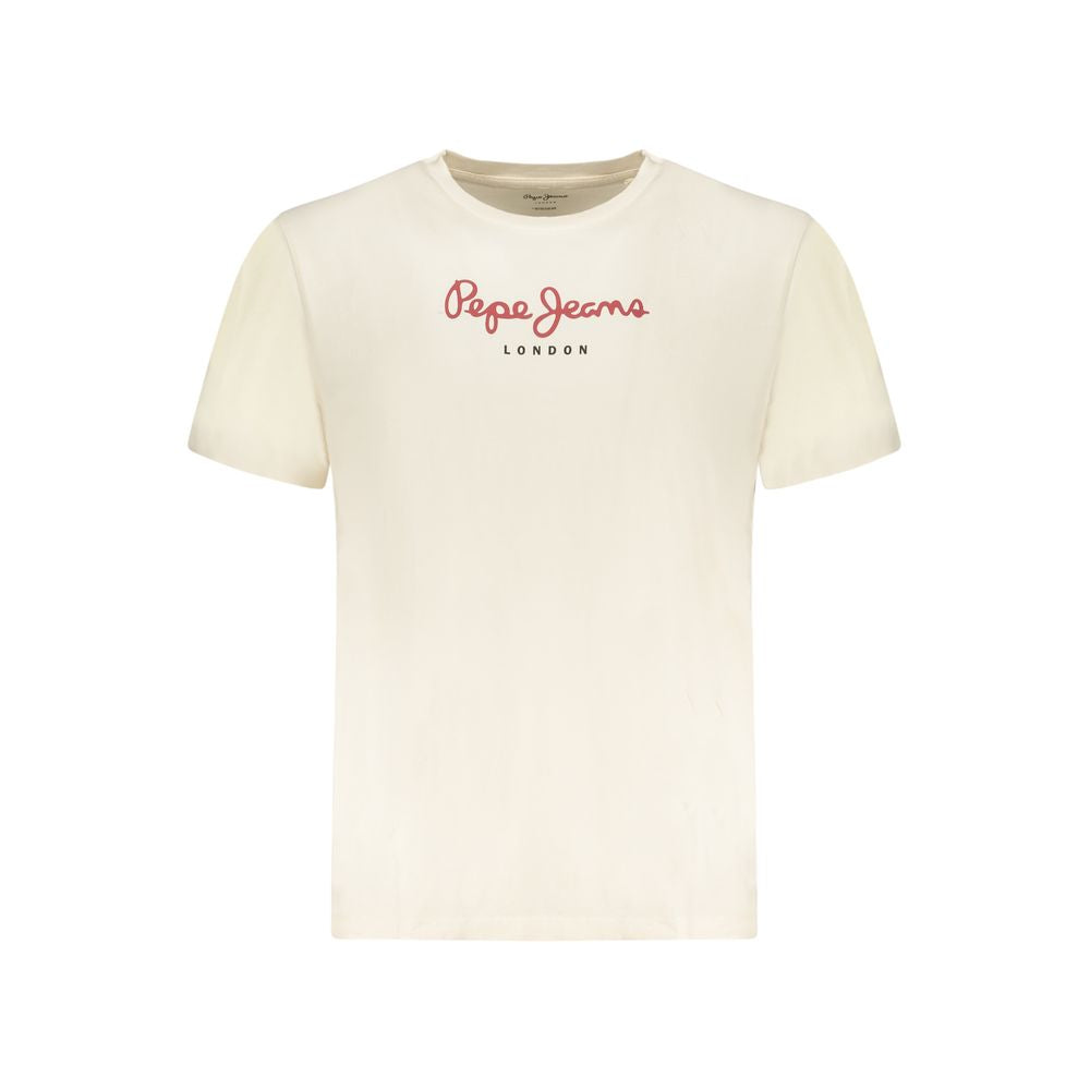 Beige cotton men's T-shirt by Pepe Jeans, casual fit with round neckline and short sleeves, displayed on a plain background.