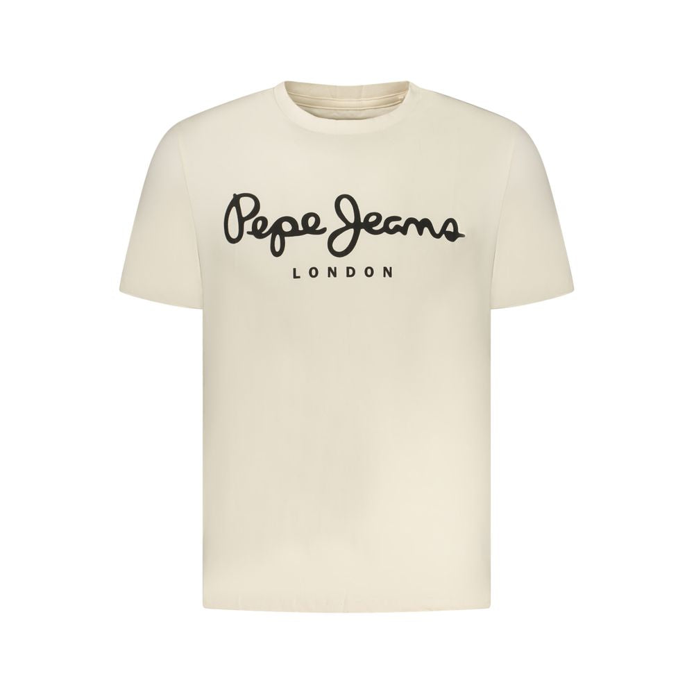 Beige cotton men's T-shirt by Pepe Jeans, shown flat with round neckline and short sleeves, casual stylish fit.