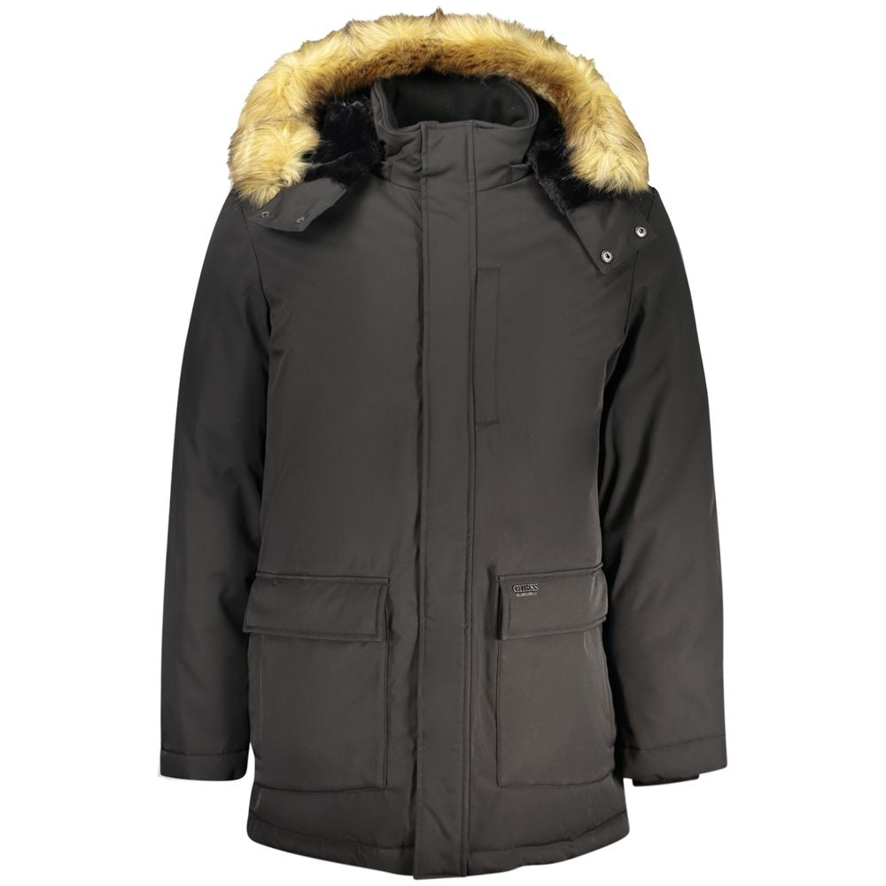 Black Guess Jeans men's polyester jacket with a sleek design, featuring a front zipper and stylish collar.