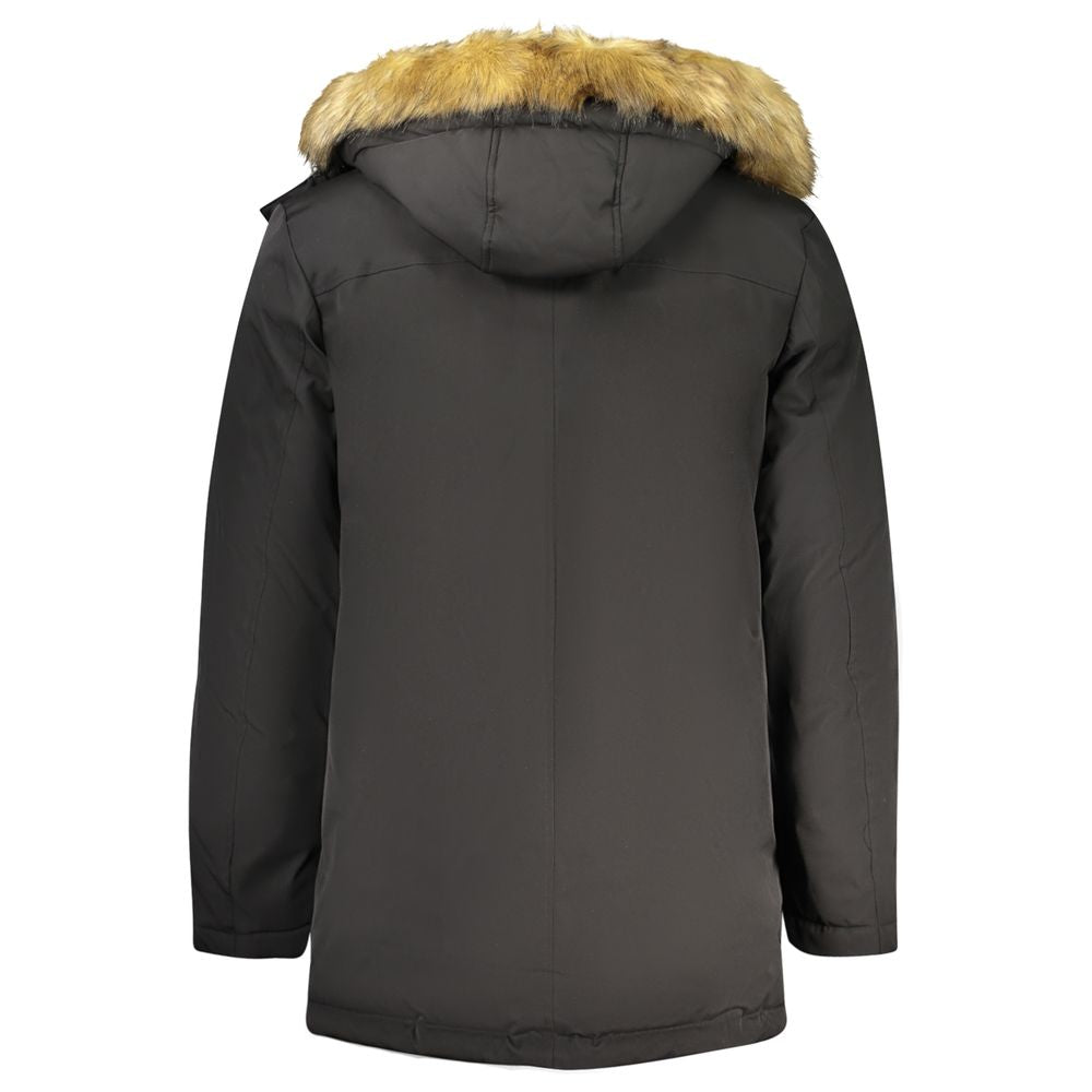 Black Guess Jeans men's jacket made of polyester, featuring a sleek design with a front zipper and stylish collar.