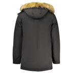 Black Guess Jeans men's jacket made of polyester, featuring a sleek design with a front zipper and stylish collar.