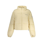 Guess Jeans beige polyester women's jacket, stylish outerwear with a tailored fit and classic design, displayed on a hanger.