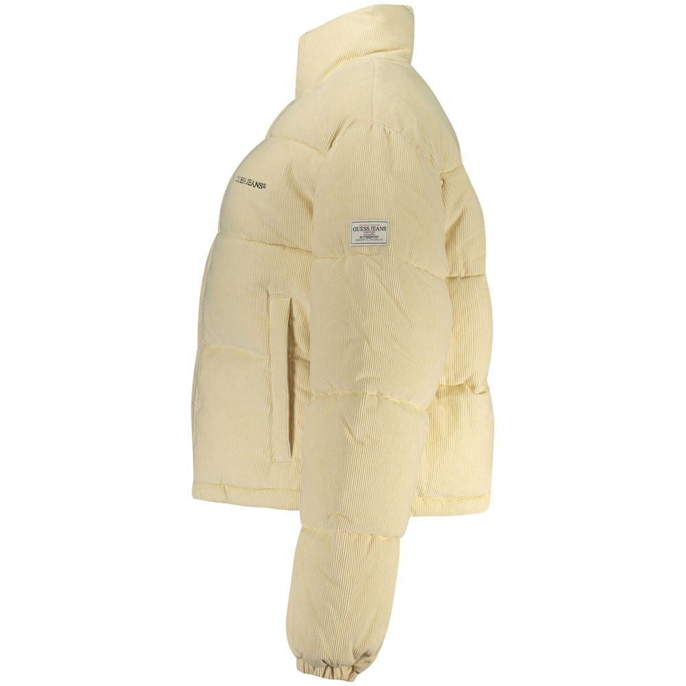Guess Jeans beige polyester women's jacket displayed on a hanger, featuring a classic design and casual style.