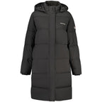 Black Guess Jeans women's jacket made of polyester, featuring a stylish design with a zippered front and collar.