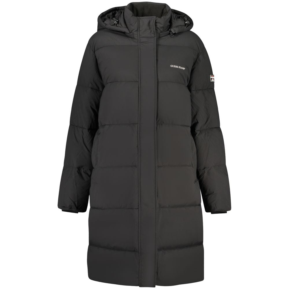 Black Guess Jeans women's jacket made of polyester, featuring a stylish design with a zippered front and collar.