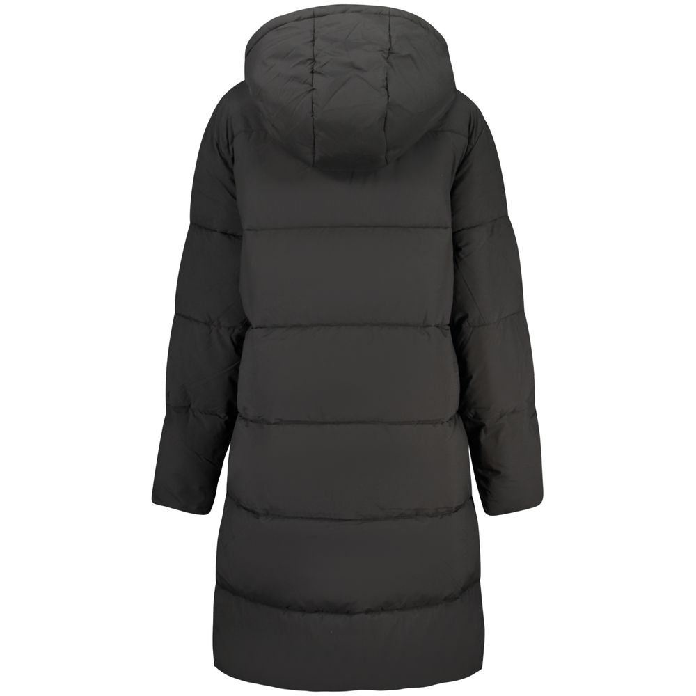 Black Guess Jeans women's polyester jacket displayed on a hanger, showcasing its sleek design and tailored fit.