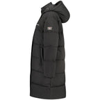 Black Guess Jeans women's polyester jacket with a fitted design and button closure, showcased on a hanger.