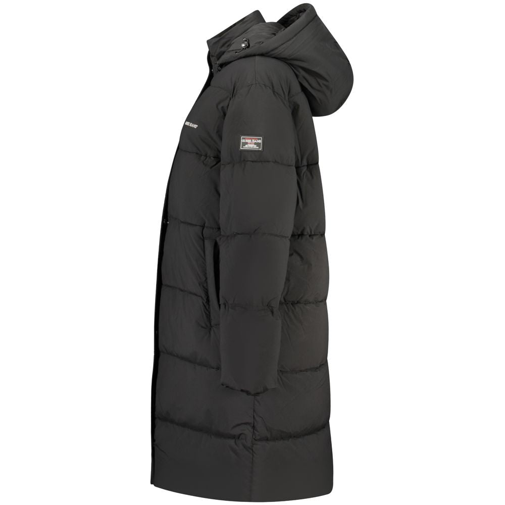 Black Guess Jeans women's polyester jacket with a fitted design and button closure, showcased on a hanger.