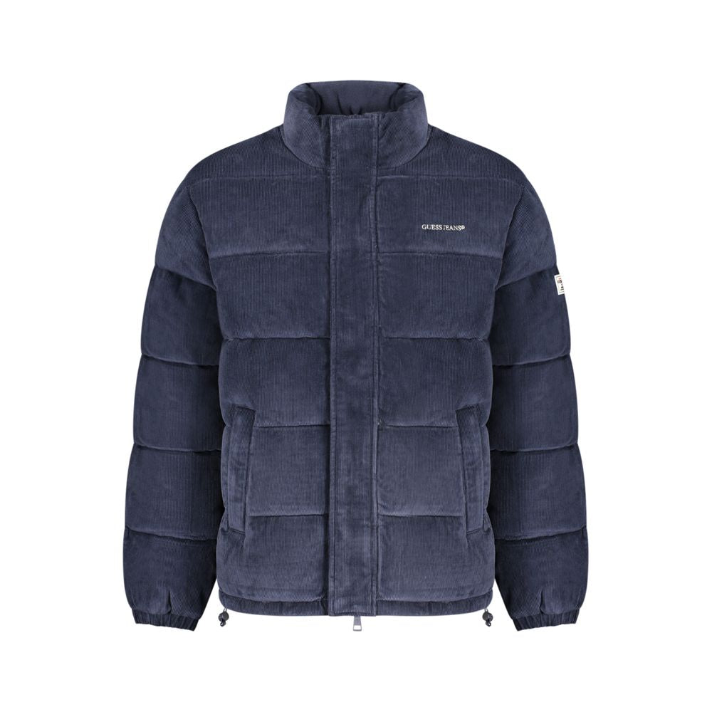 Blue Guess Jeans men's polyester jacket with a sleek design, featuring a front zipper and stylish collar.