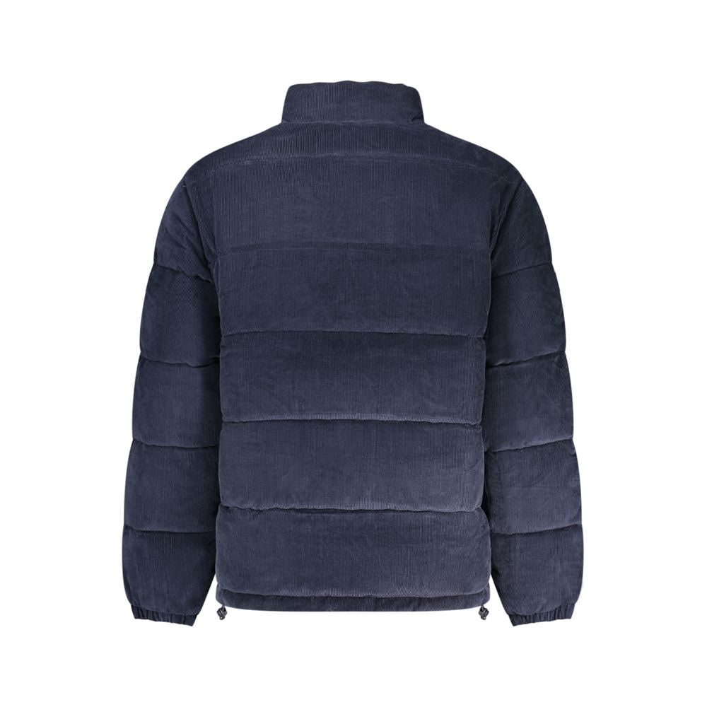 Men's Guess Jeans blue polyester jacket with front zipper and stand-up collar, displayed on a hanger.