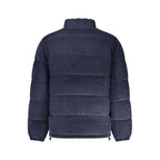 Men's Guess Jeans blue polyester jacket with front zipper and stand-up collar, displayed on a hanger.