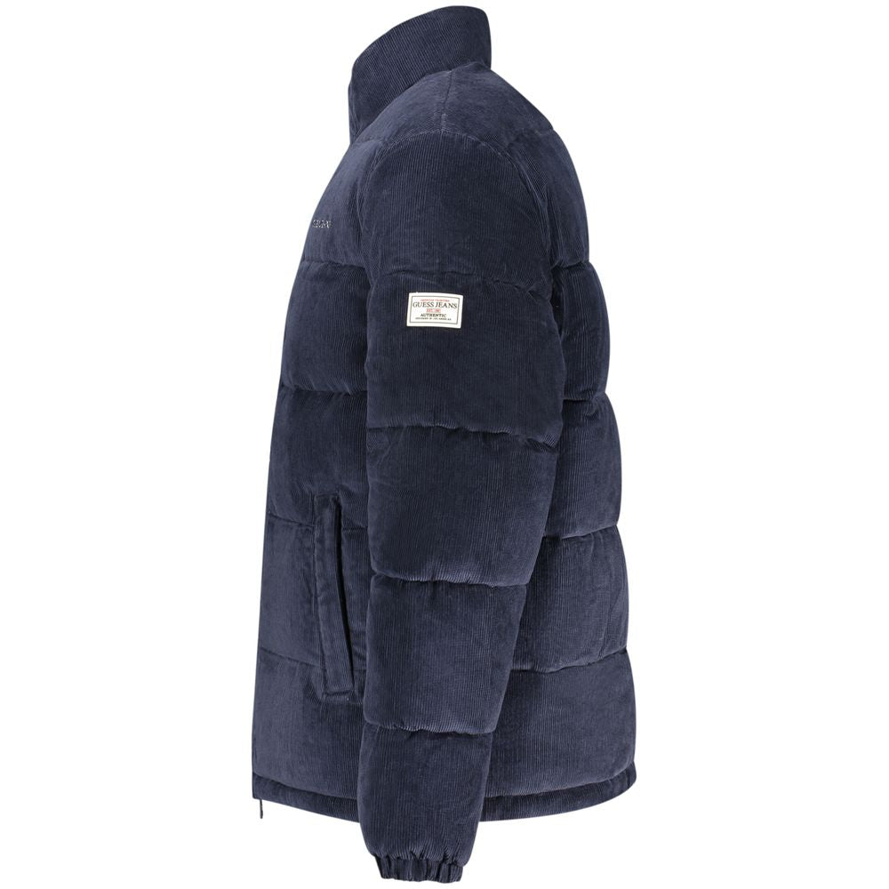 Blue Guess Jeans men's polyester jacket with front zipper and adjustable hood, stylish and lightweight for casual wear.