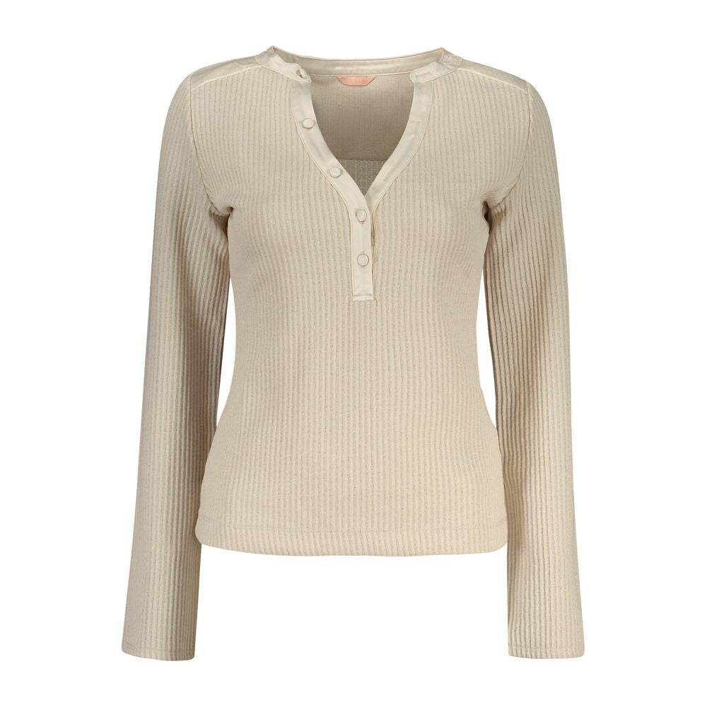 Beige Guess Jeans women's polyester sweater with a relaxed fit and ribbed cuffs, ideal for casual wear.