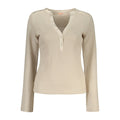 Beige Guess Jeans women's polyester sweater with a relaxed fit and ribbed cuffs, ideal for casual wear.