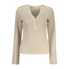 Beige Guess Jeans women's polyester sweater with a relaxed fit and ribbed cuffs, ideal for casual wear.