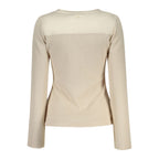 Guess Jeans beige women's sweater made of polyester, featuring a cozy knit design with a relaxed fit and long sleeves.