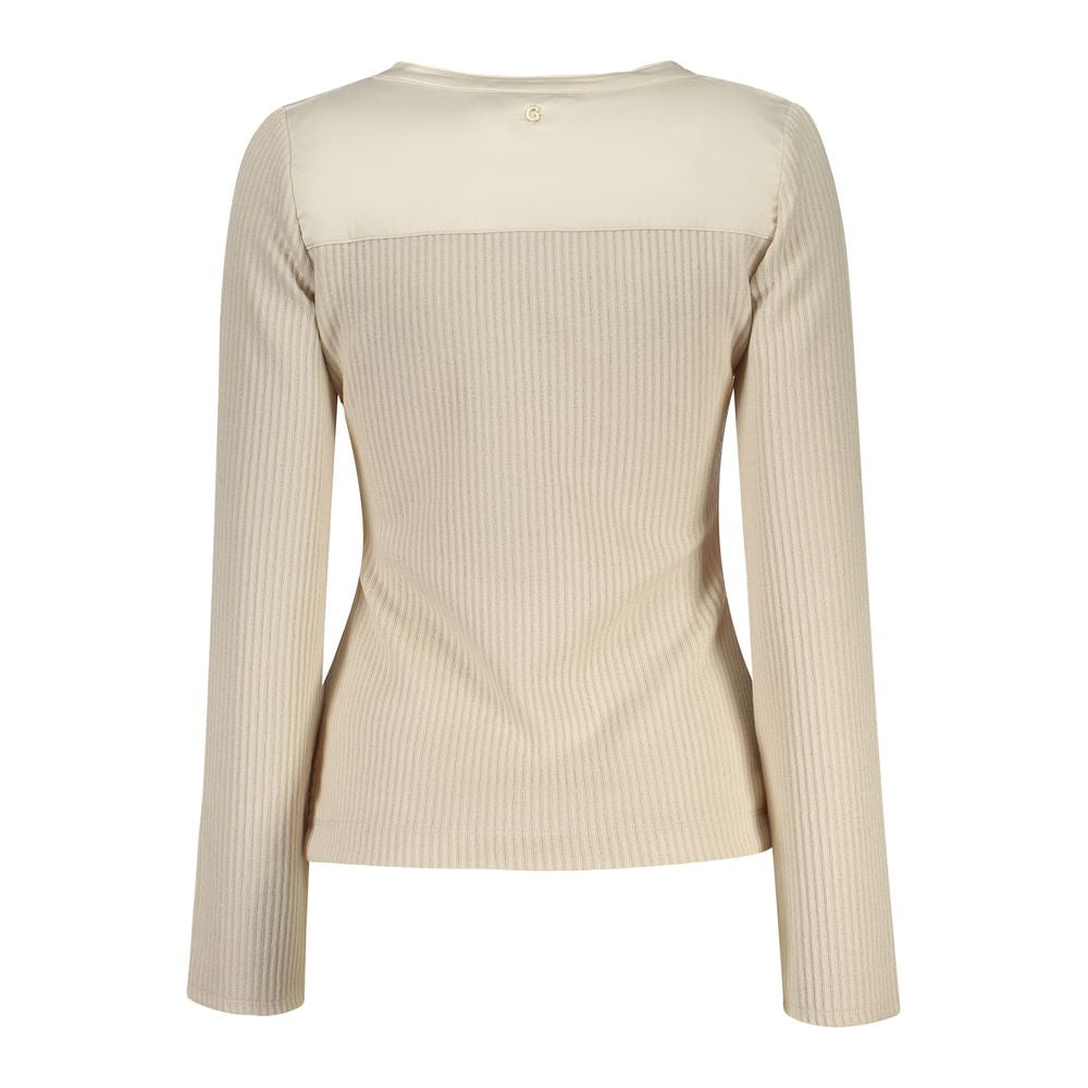 Guess Jeans beige women's sweater made of polyester, featuring a cozy knit design with a relaxed fit and long sleeves.