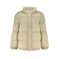 Guess Jeans beige women's polyester jacket with a stylish fit, featuring a classic collar and zipper front for casual wear.