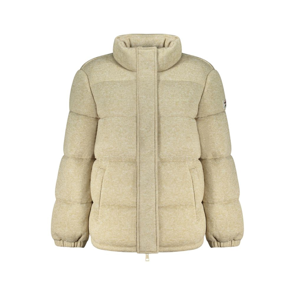 Guess Jeans beige women's polyester jacket with a stylish fit, featuring a classic collar and zipper front for casual wear.