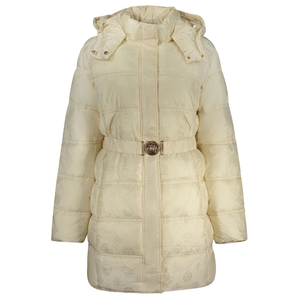 Guess Jeans beige poliammide women's jacket, lightweight and stylish outerwear with a sleek design, visible zipper details, and collar.