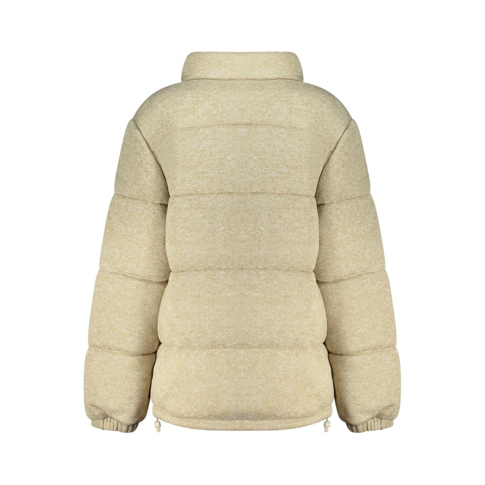 Guess Jeans beige women's polyester jacket with a front zipper and collar, displayed on a hanger.