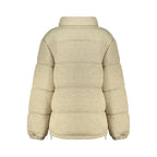 Guess Jeans beige women's polyester jacket with a front zipper and collar, displayed on a hanger.