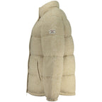 Guess Jeans beige women's polyester jacket with a classic design, featuring a collar and front zipper.